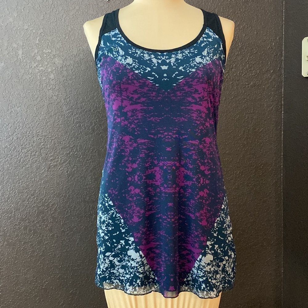 Cabi black racerback tank with purple printed mesh overlay tunic tank top